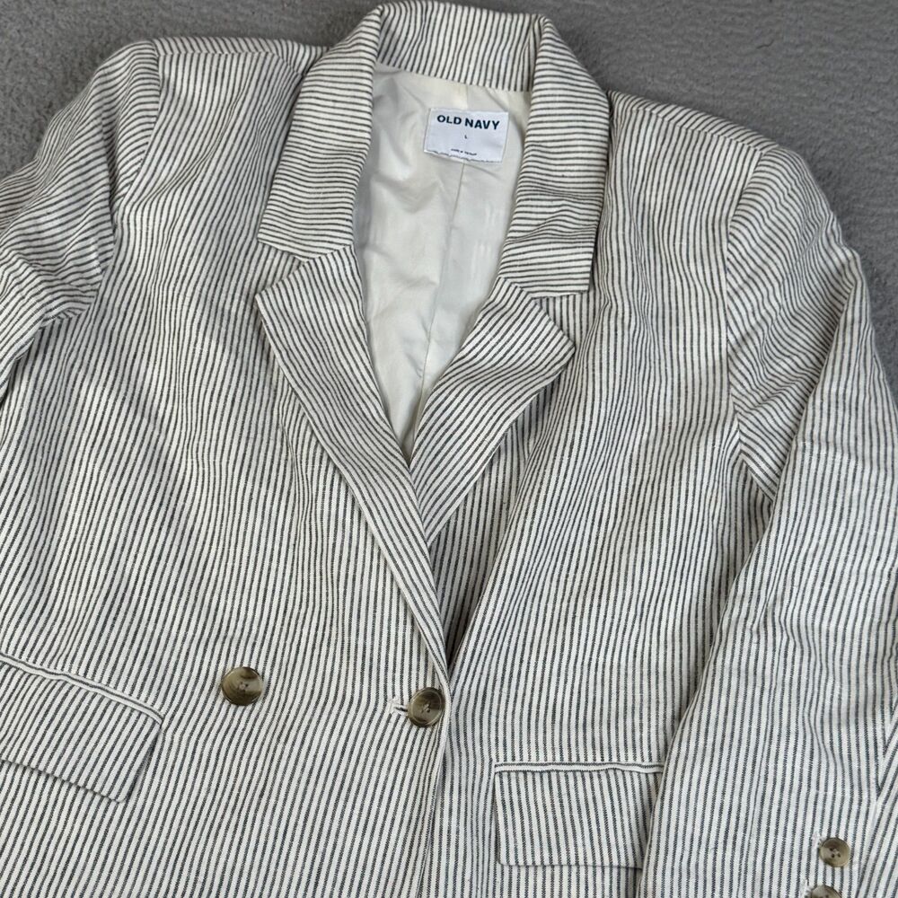 OLD NAVY Linen Blend Blazer Women L Blue White Jacket Double Breasted Oversized